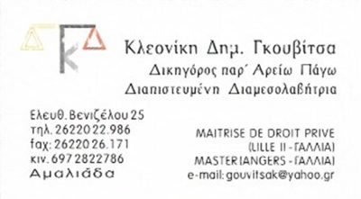 ΔΙΚΗΓΟΡΟΣ-ΔΙΑΜΕΣΟΛΑΒΗΤΗΣ ΑΜΑΛΙΑΔΑ | ΓΚΟΥΒΙΤΣΑ ΚΛΕΟΝΙΚΗ